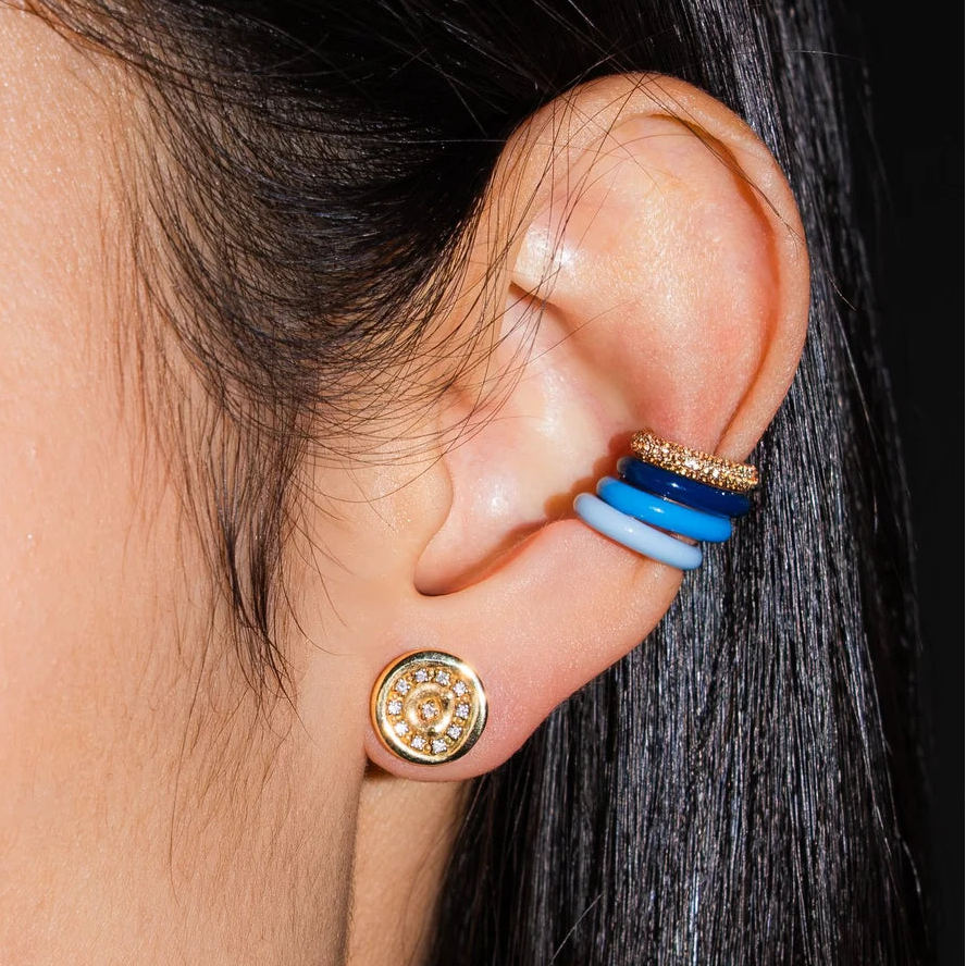 Model Wears FRY POWERS Blue Ombre Enamel Ear Cuff Trio with Sparkle Ear Cuff and Golden Sun Powers Stud Earrings