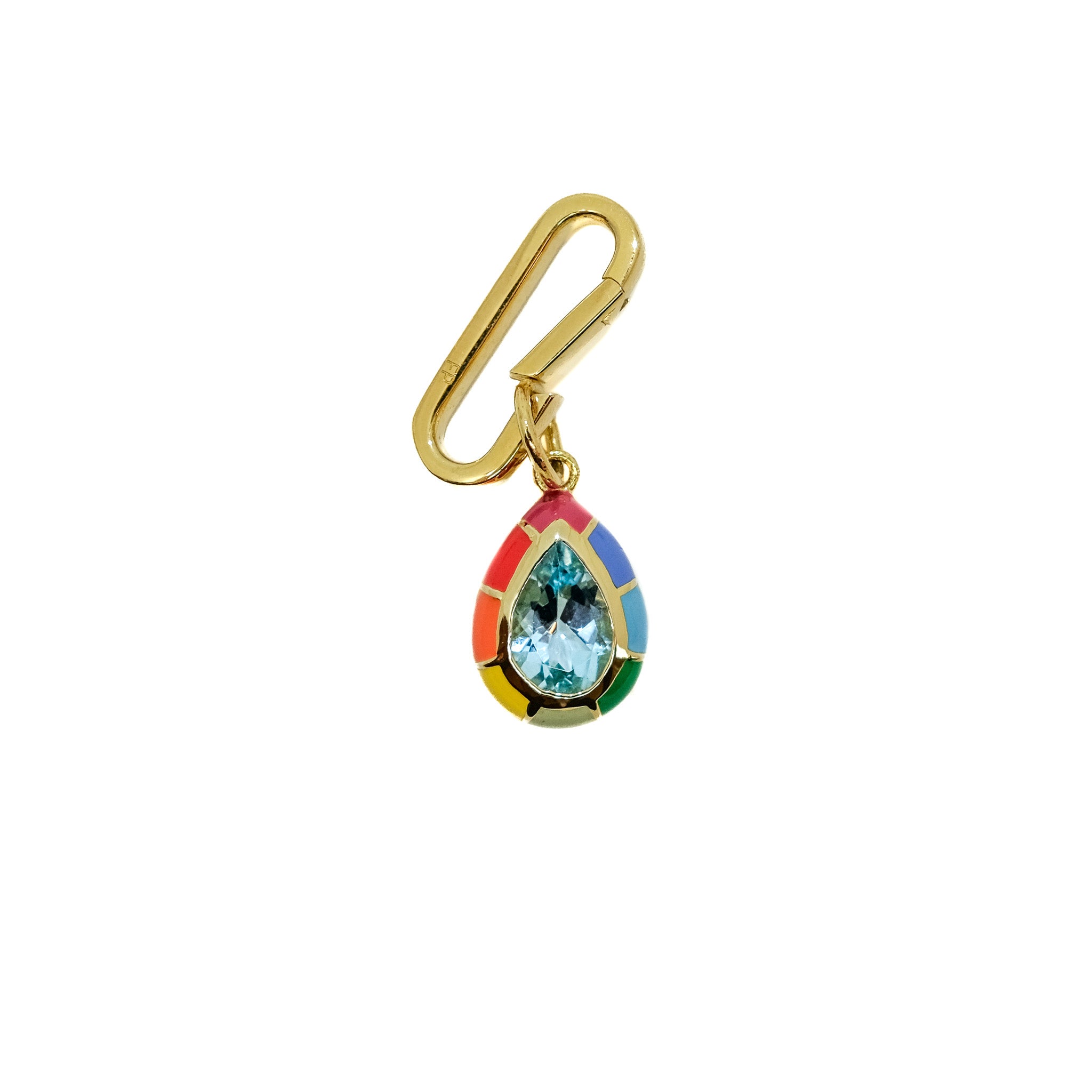 A gold chain link clip with a dangling teardrop charm featuring a light blue gemstone surrounded by a colorful rainbow border, set against a plain white background.