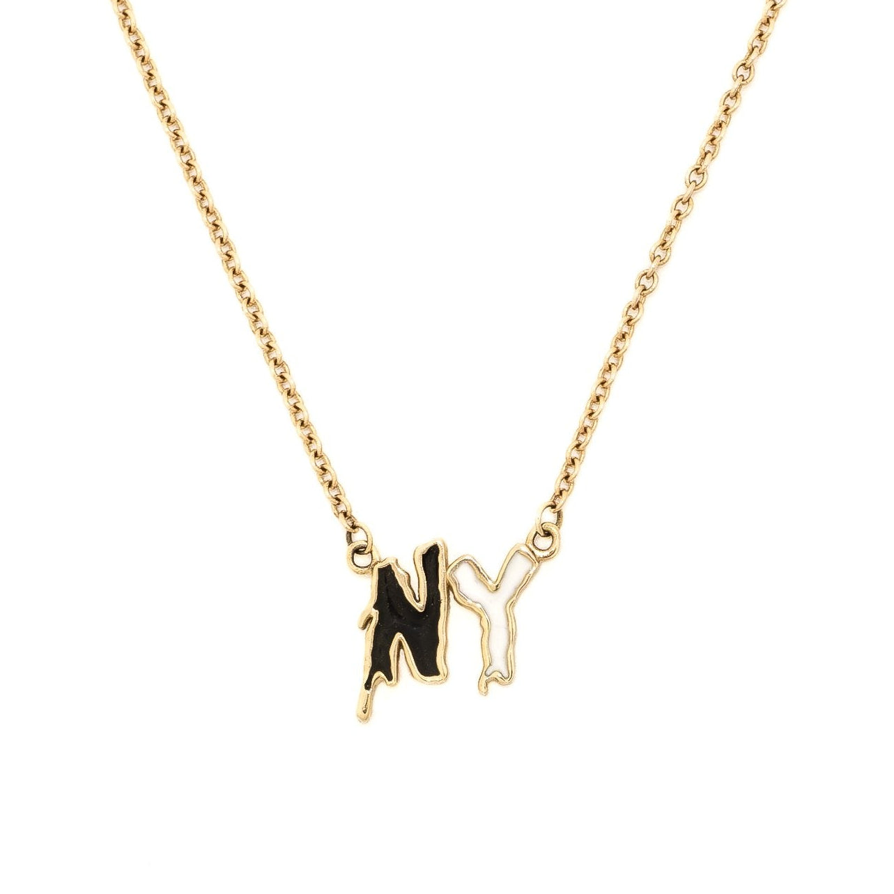 A gold-colored pendant necklace with a design that reads 'NYC' in a stylized font, presented against a white background.