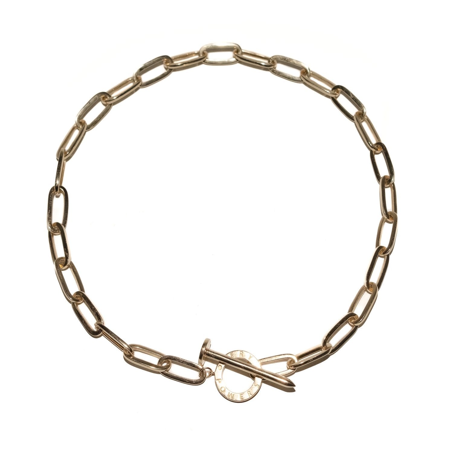 A 14K gold elongated chain link rope necklace with a lobster clasp closure.