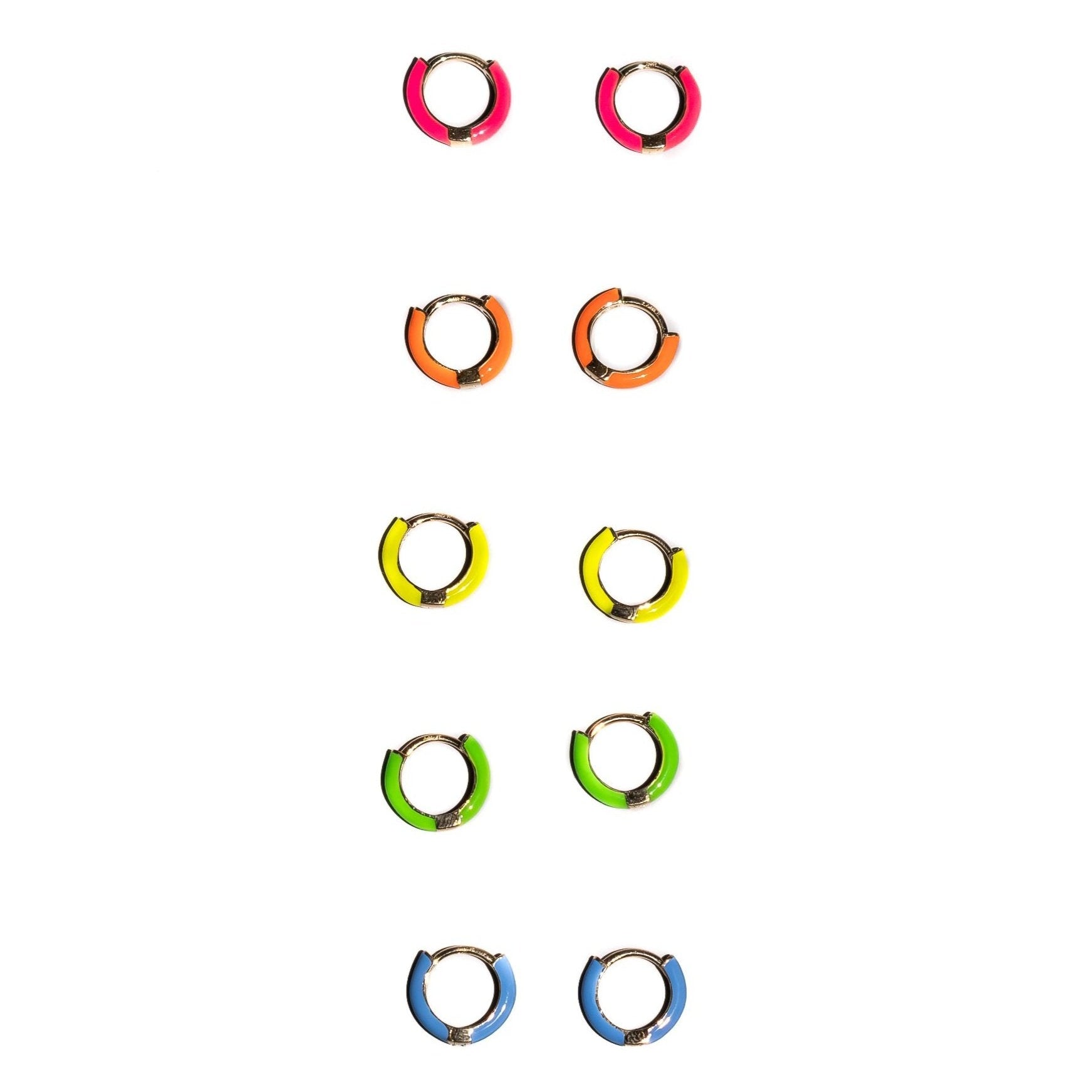 A collection of neon colored enamel huggie earrings in various sizes, displayed in four rows with colors including pink, orange, yellow, green, blue, and purple.