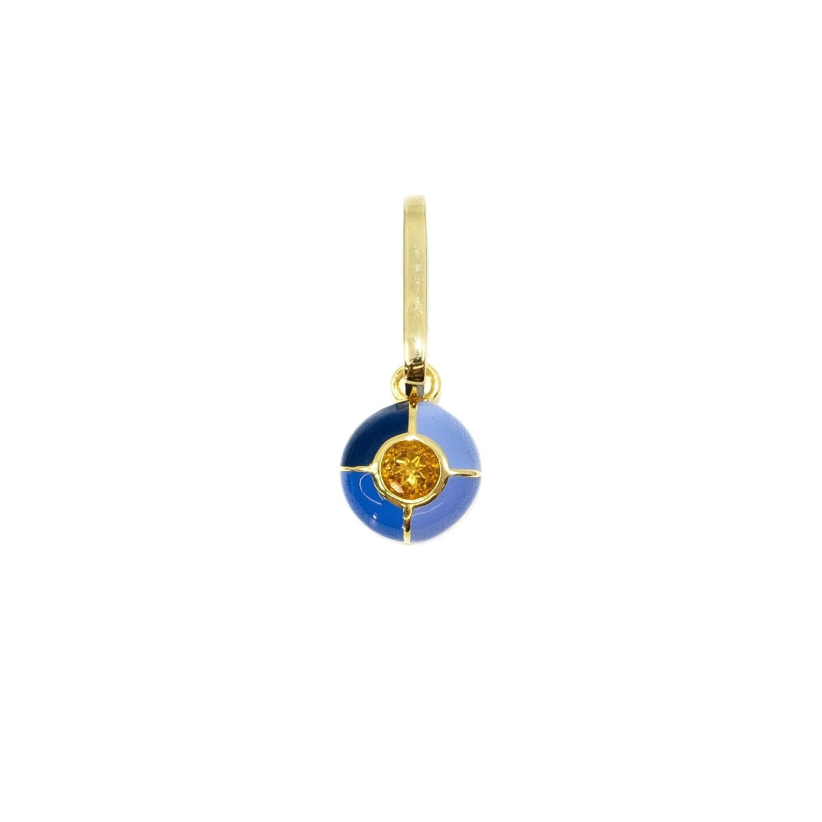 Gold and citrine charm pendant with four shades of violet enamel earring on a white background