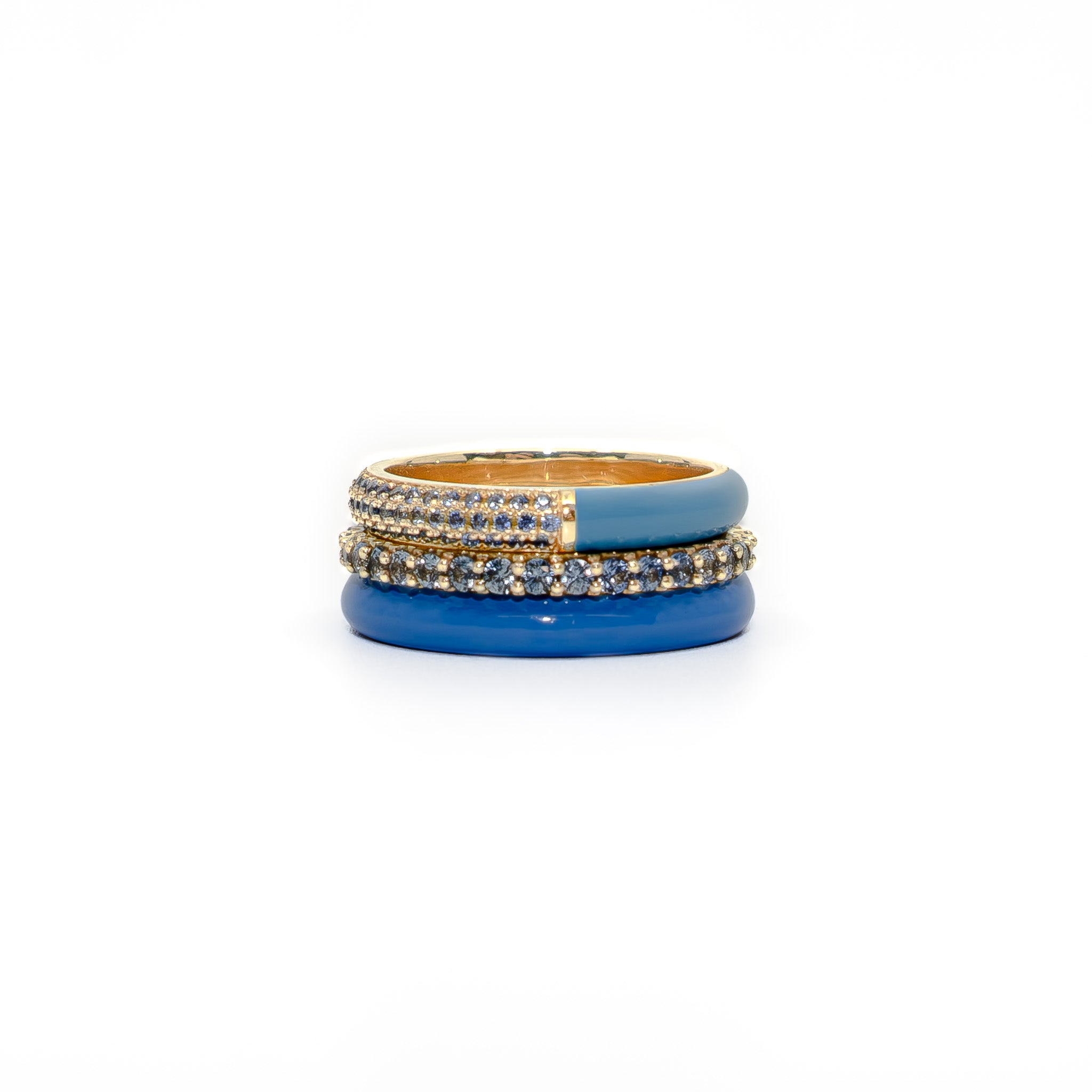 The Set of Three Pave + Enamel Stacking Rings, 14K Gold
