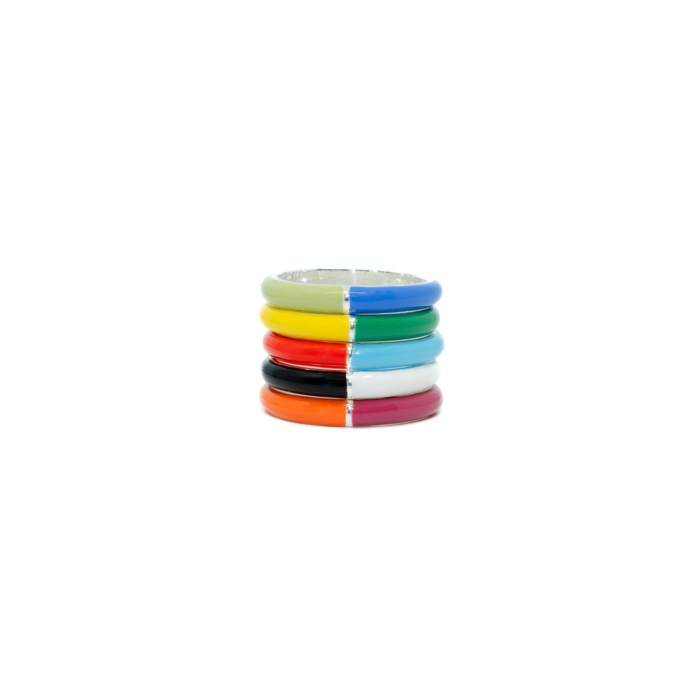 A set of five split-color enamel rings in red, blue, green, yellow, and purple, stacked together on a white background.