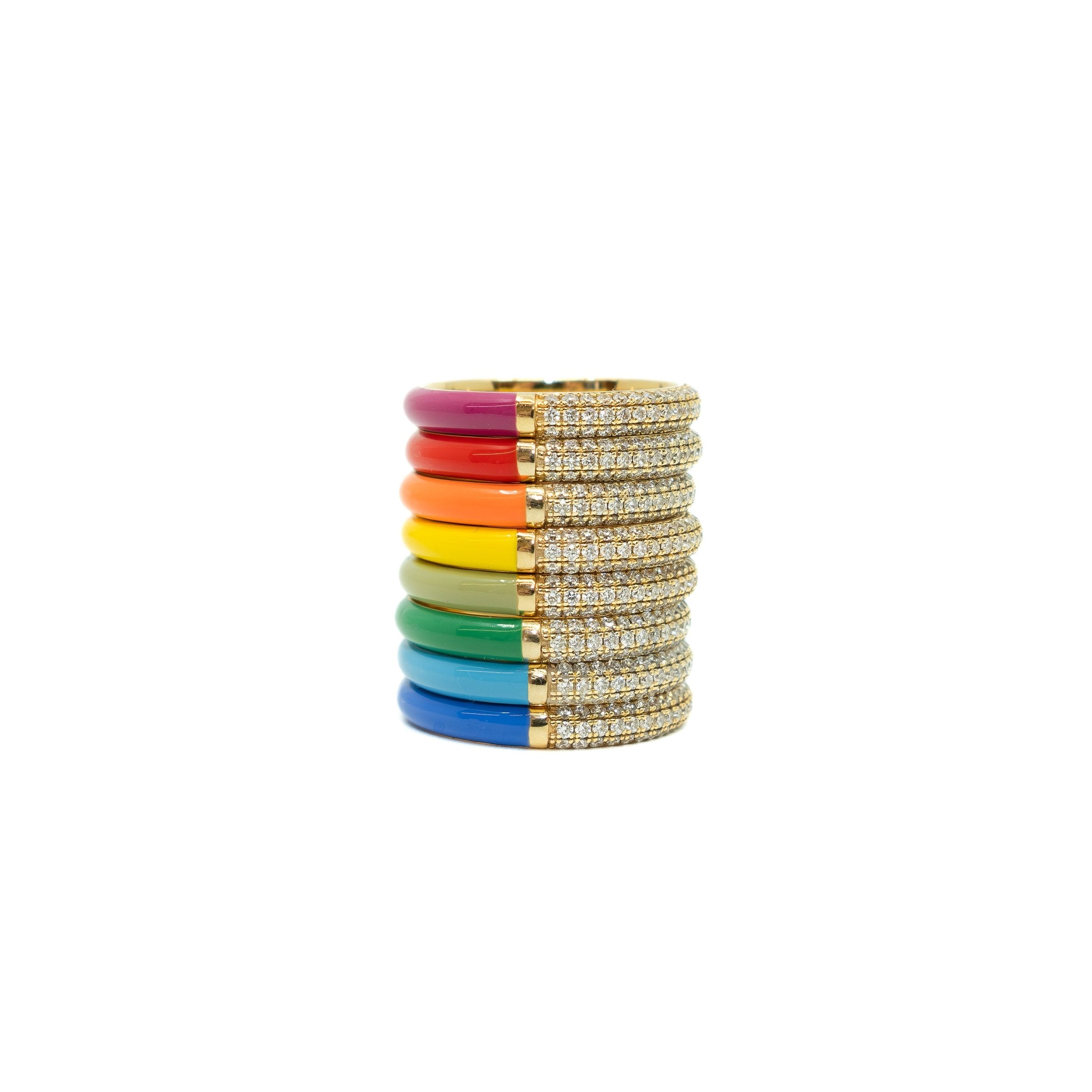 Stack of colorful bangles on a white background