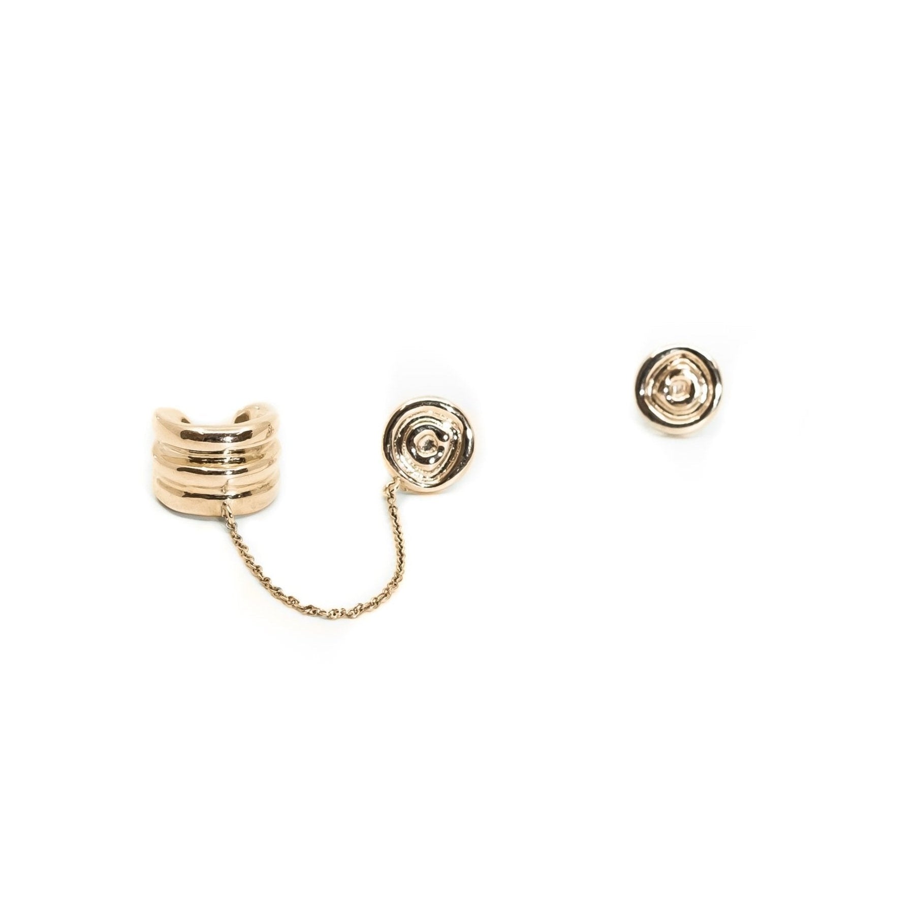 A set of ear chain stud earrings, with one earring featuring a chain attached to a cuff and the other a simple stud, in colors silver and gold.