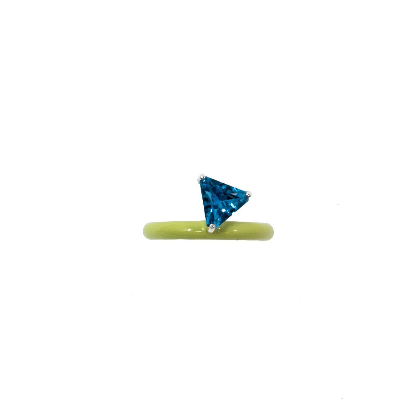 A thin band stacking ring with a lime green enamel band and a medium blue topaz trillion cut gemstone on top.