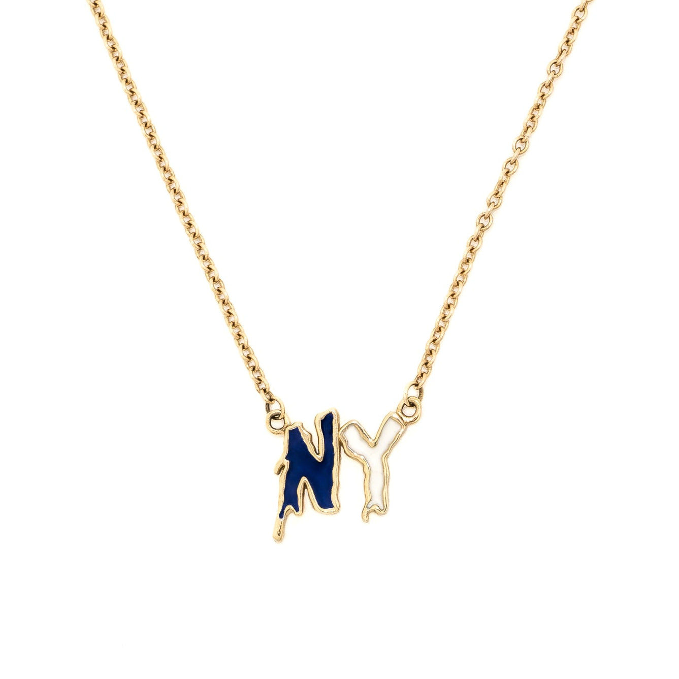 Gold chain necklace with an 'NY' initial pendant, where the 'N' is filled with dark blue enamel and the 'Y' is outlined in gold, shown on a plain white background.