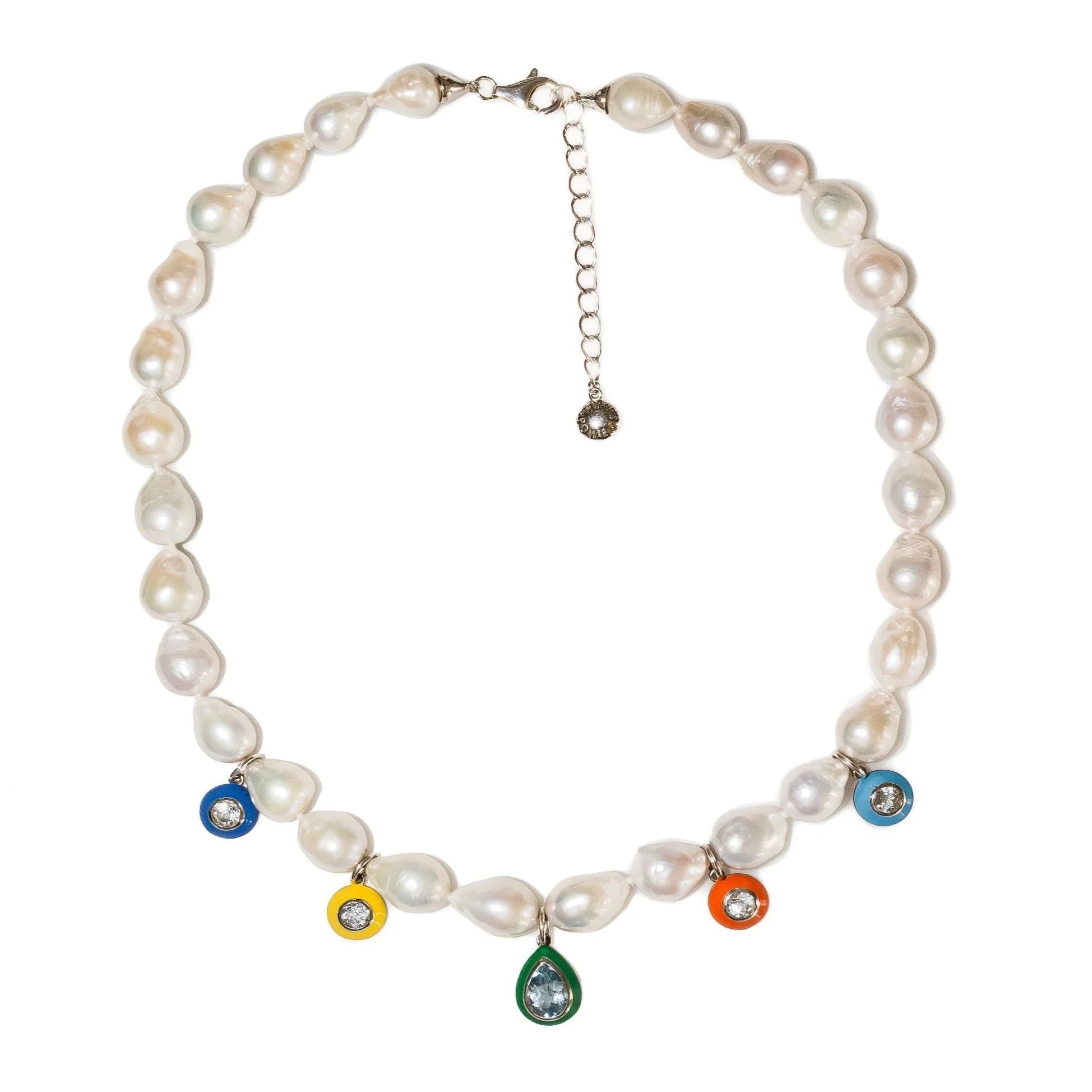 Pearl necklace with colorful gemstone pendants on a white background