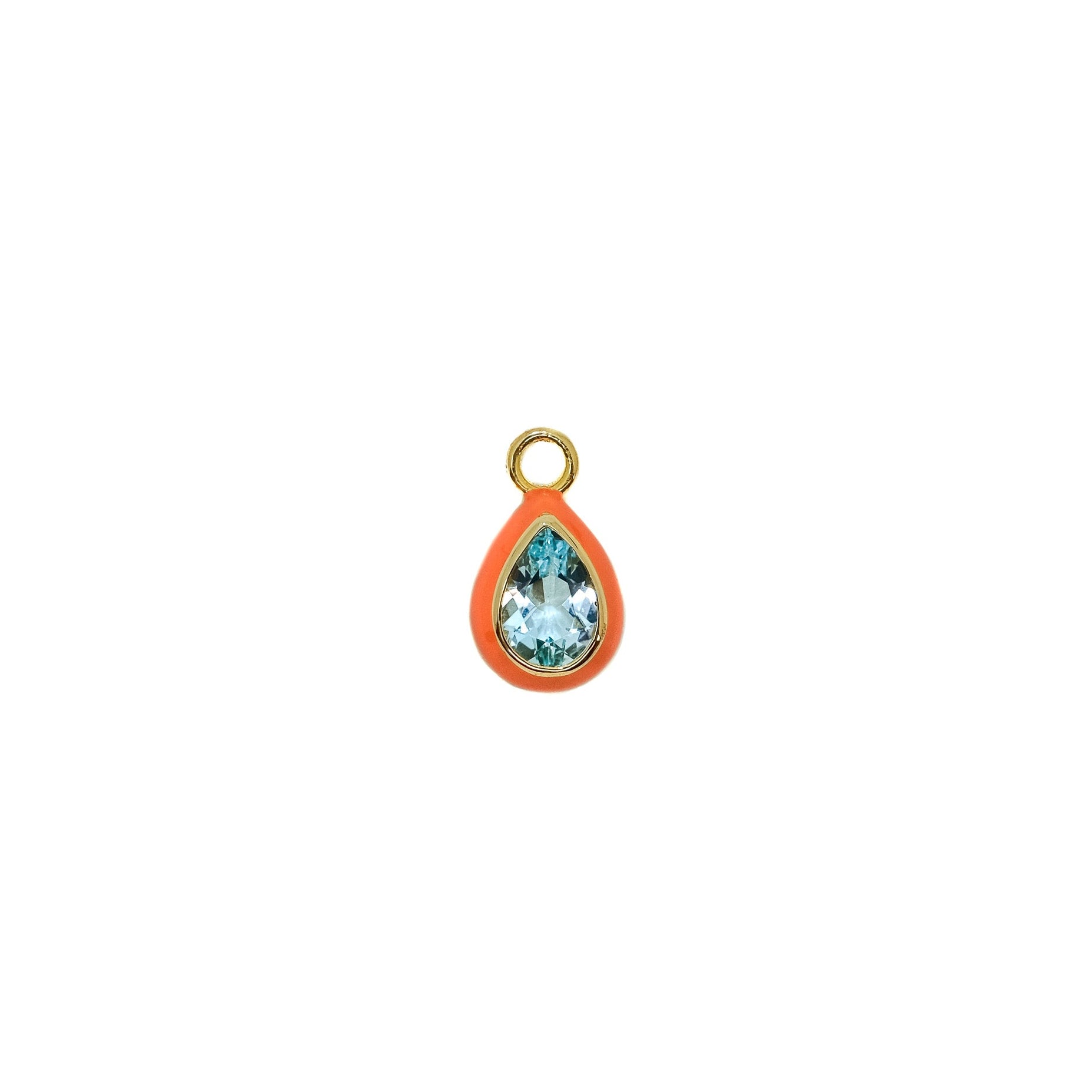 Gold and sky blue topaz pear-shaped charm on a white background