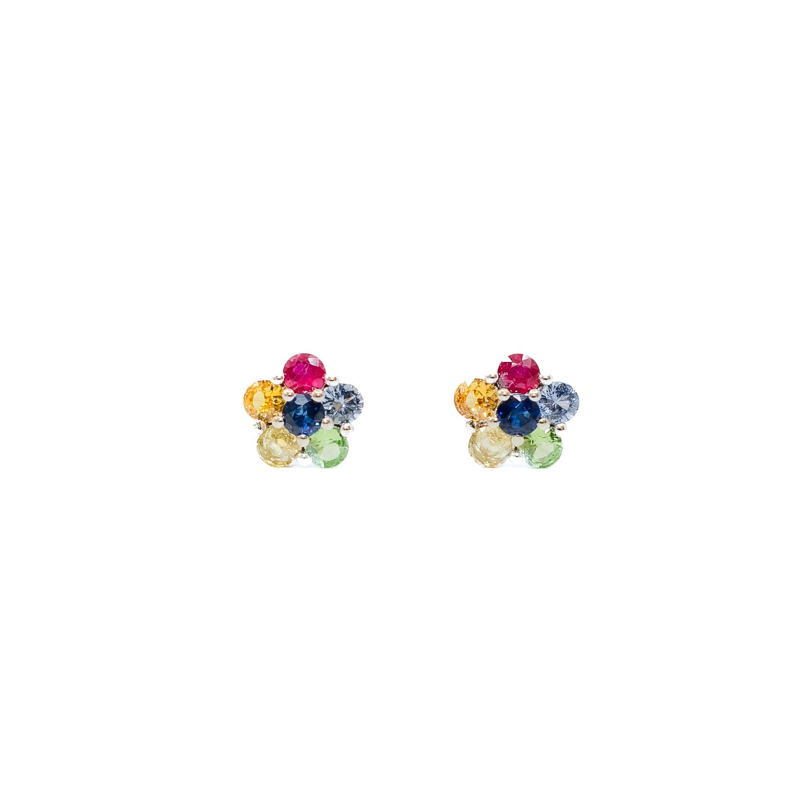 Colorful gemstone earrings on a white background