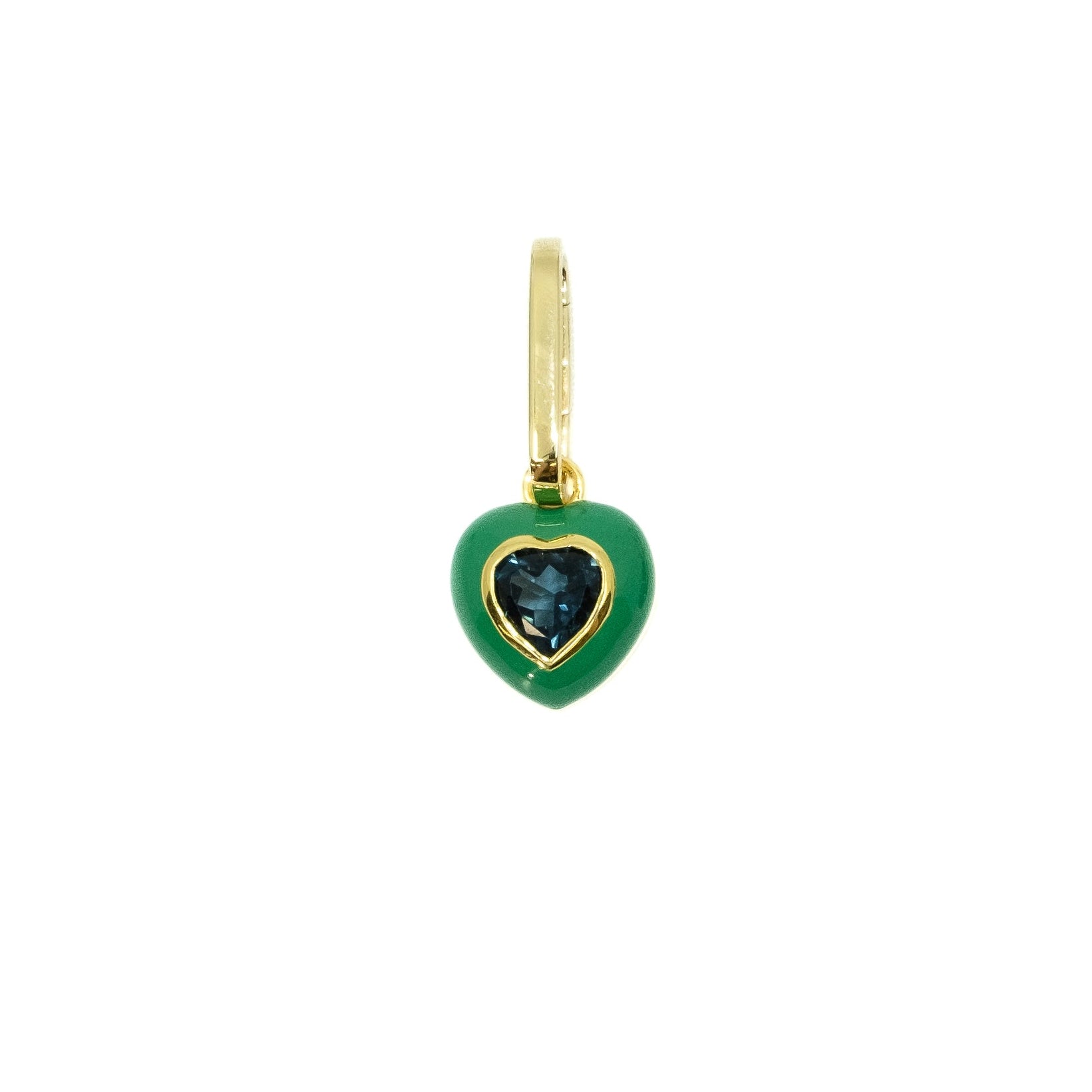 A gold-colored green enamel and london blue topaz charm pendant shown on a clean white background.