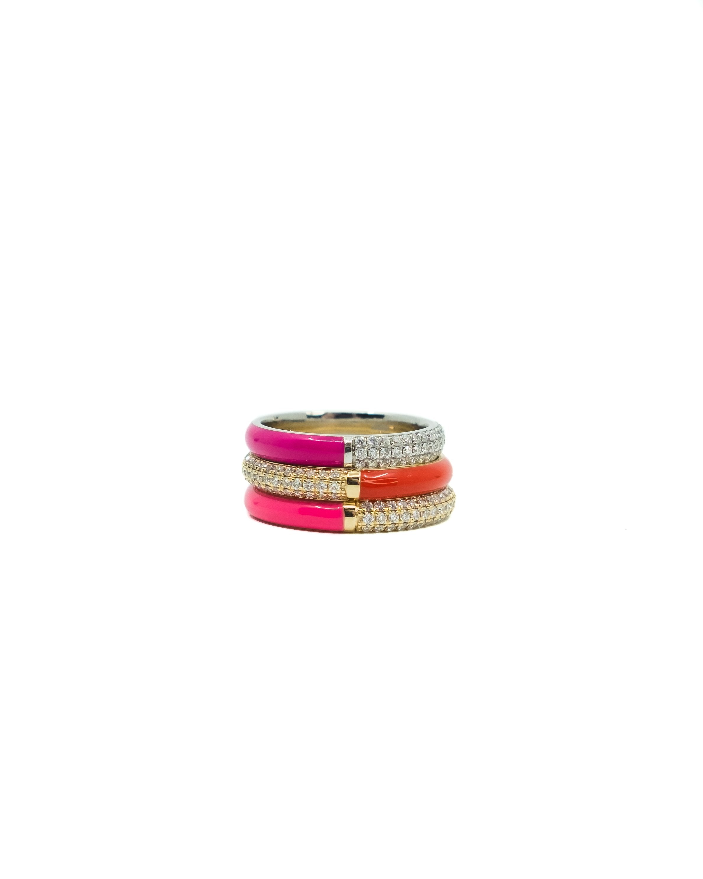 POWERS PAVE Lovers Set of Three Pavé Diamonds + Enamel Stacking Rings, 18K Gold