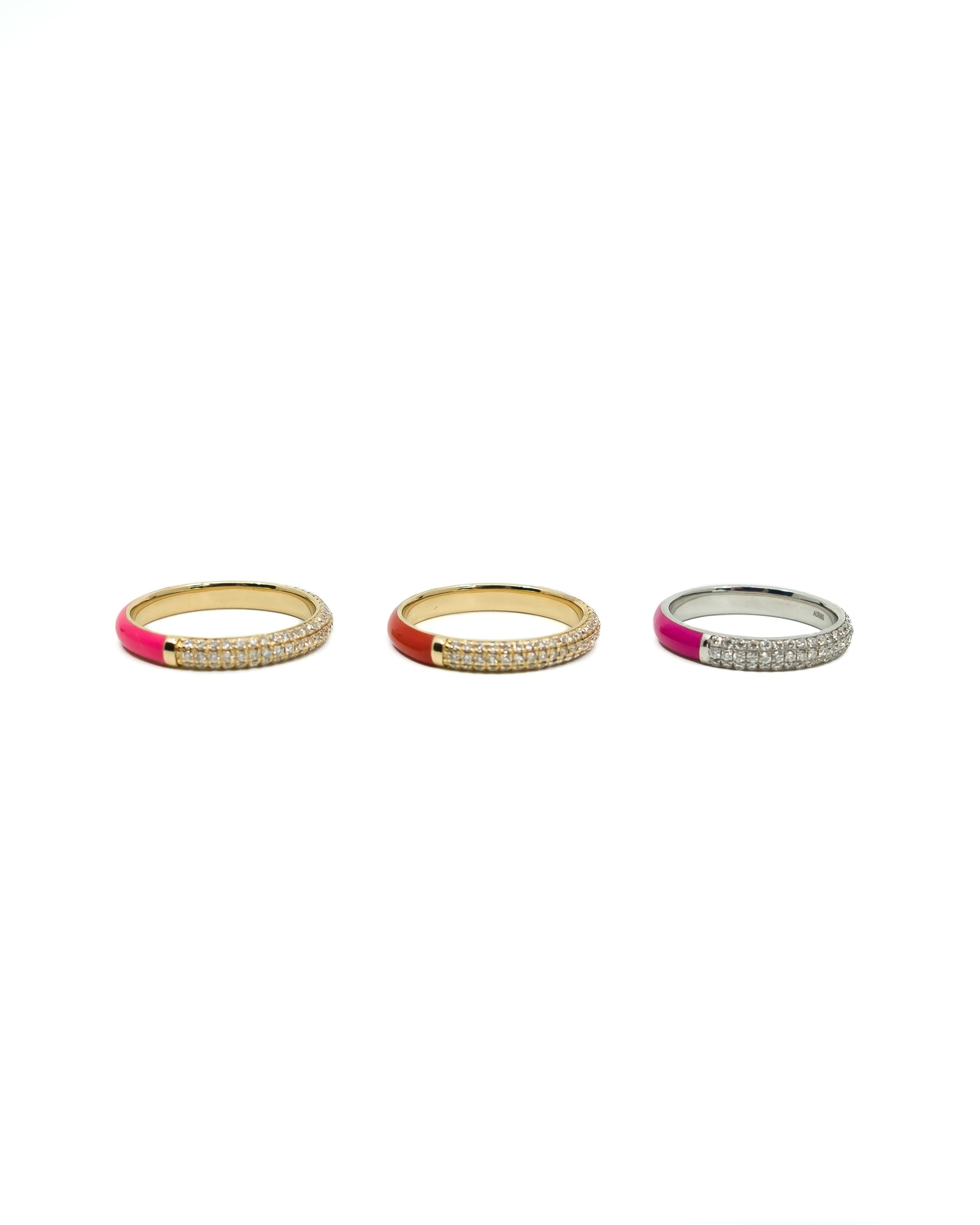 POWERS PAVE Lovers Set of Three Pavé Diamonds + Enamel Stacking Rings, 18K Gold