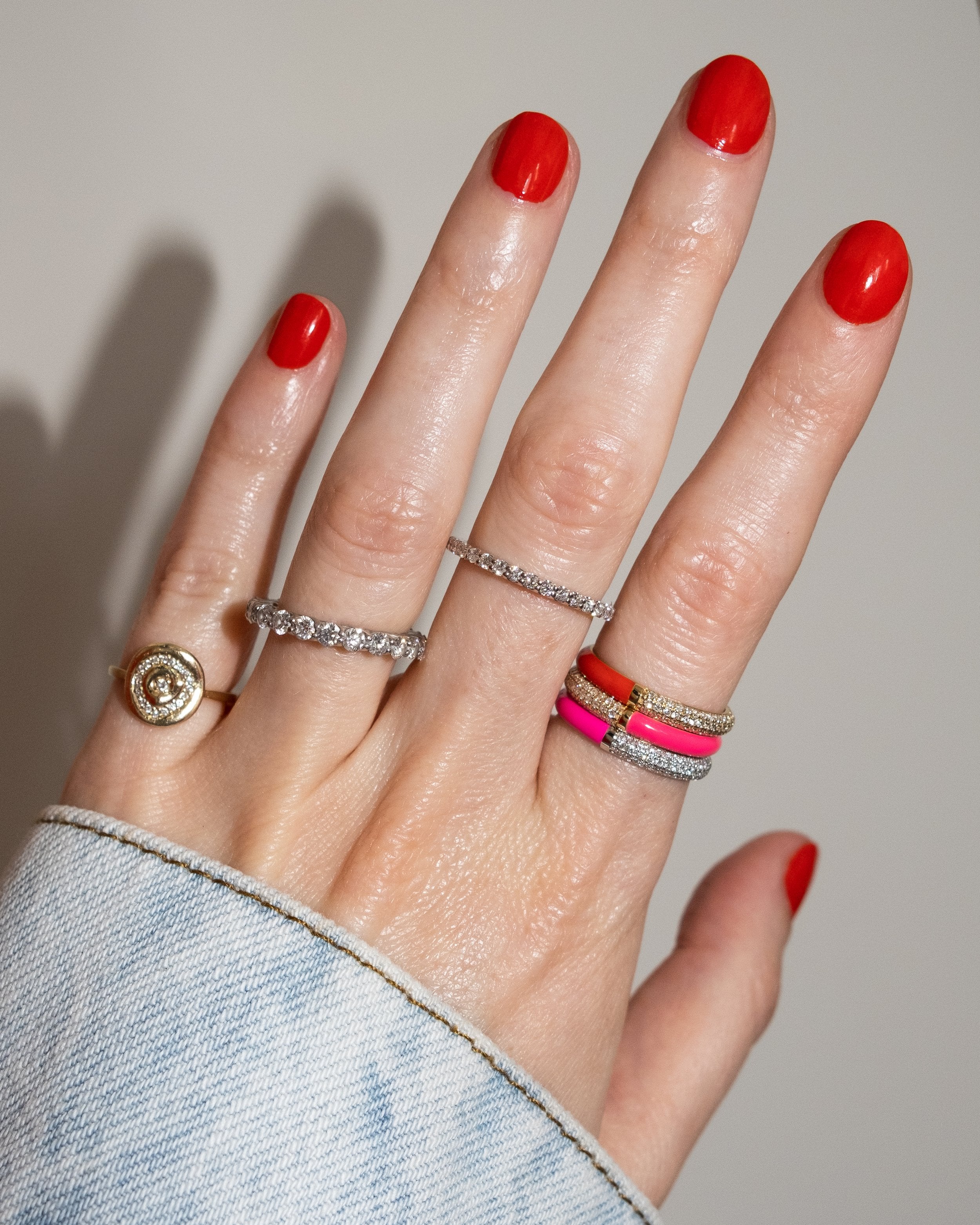 POWERS PAVE Lovers Set of Three Pavé Diamonds + Enamel Stacking Rings, 18K Gold