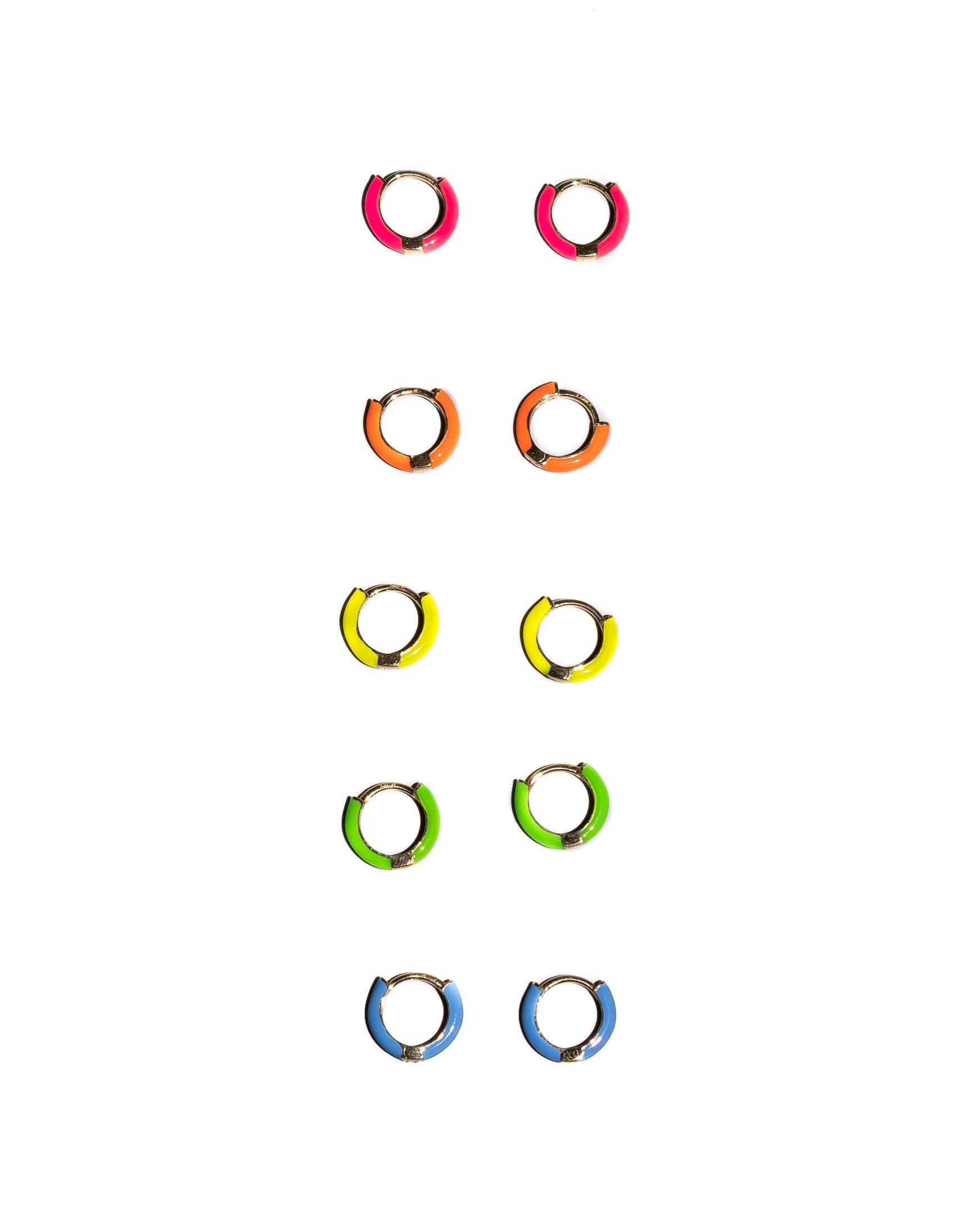 The Neon Enamel Huggies in 14K Gold