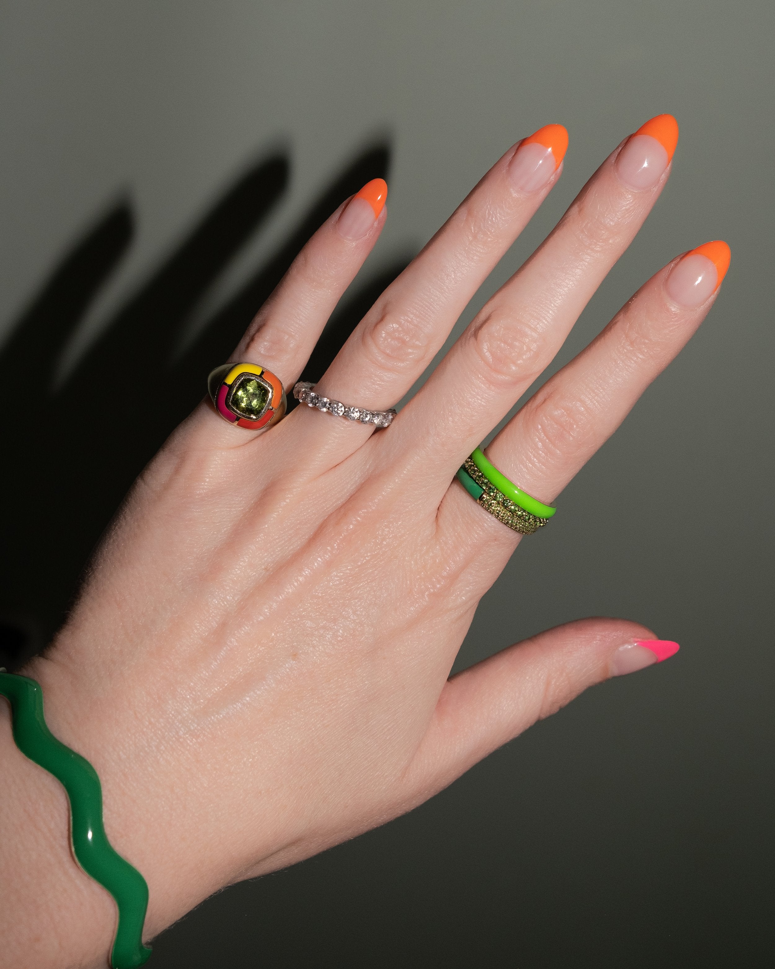 The Set of Three Pave + Enamel Stacking Rings, 14K Gold