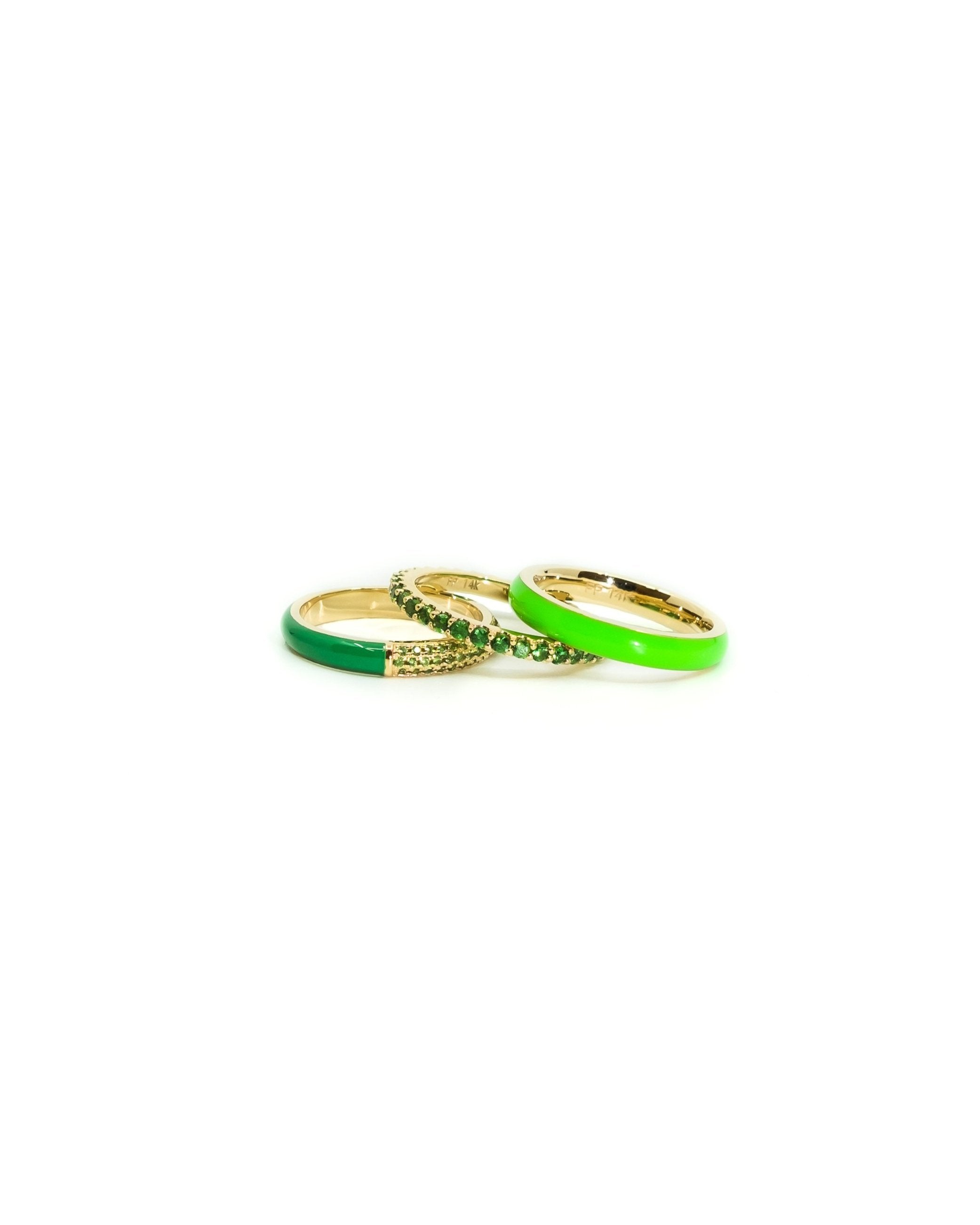The Set of Three Pave + Enamel Stacking Rings, 14K Gold