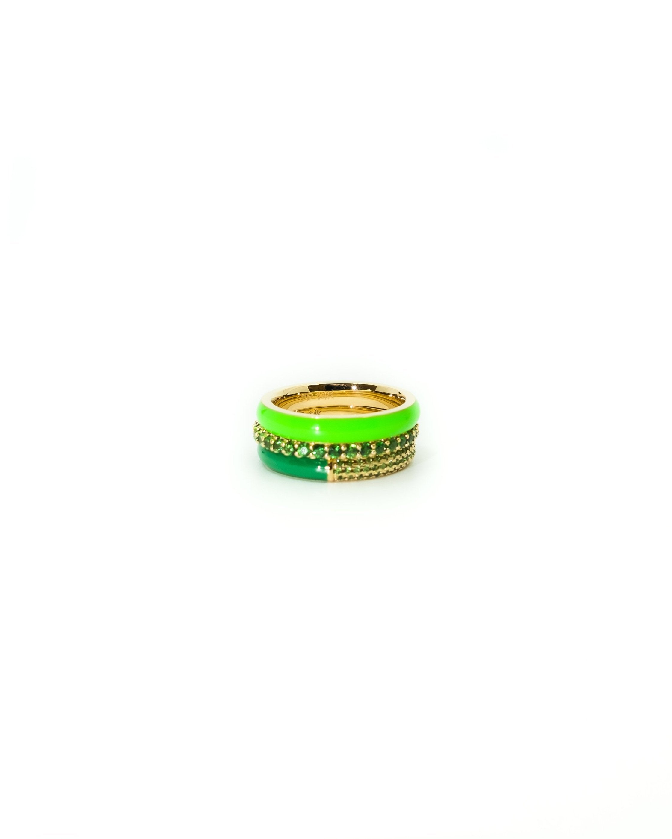 The Set of Three Pave + Enamel Stacking Rings, 14K Gold