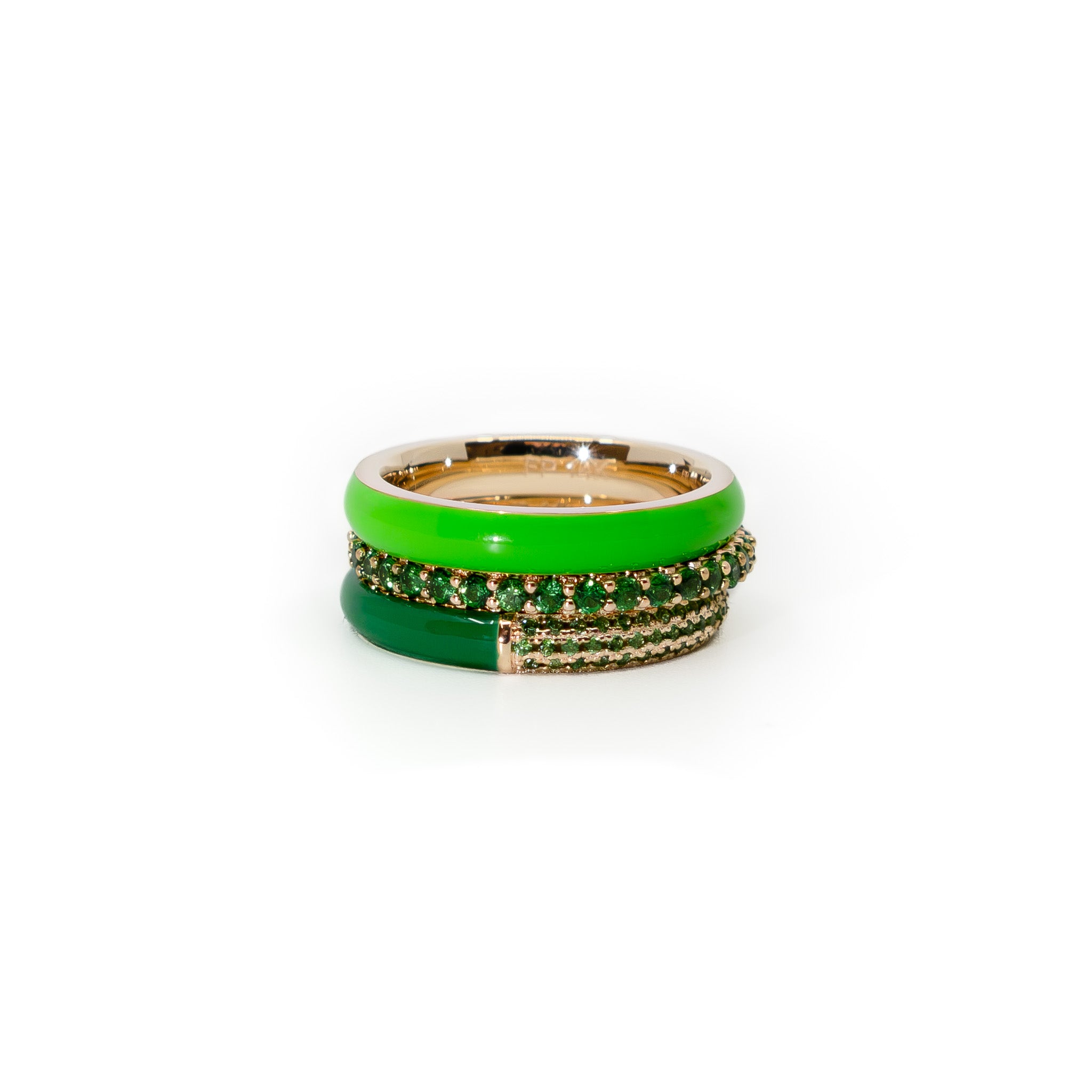 The Set of Three Pave + Enamel Stacking Rings, 14K Gold