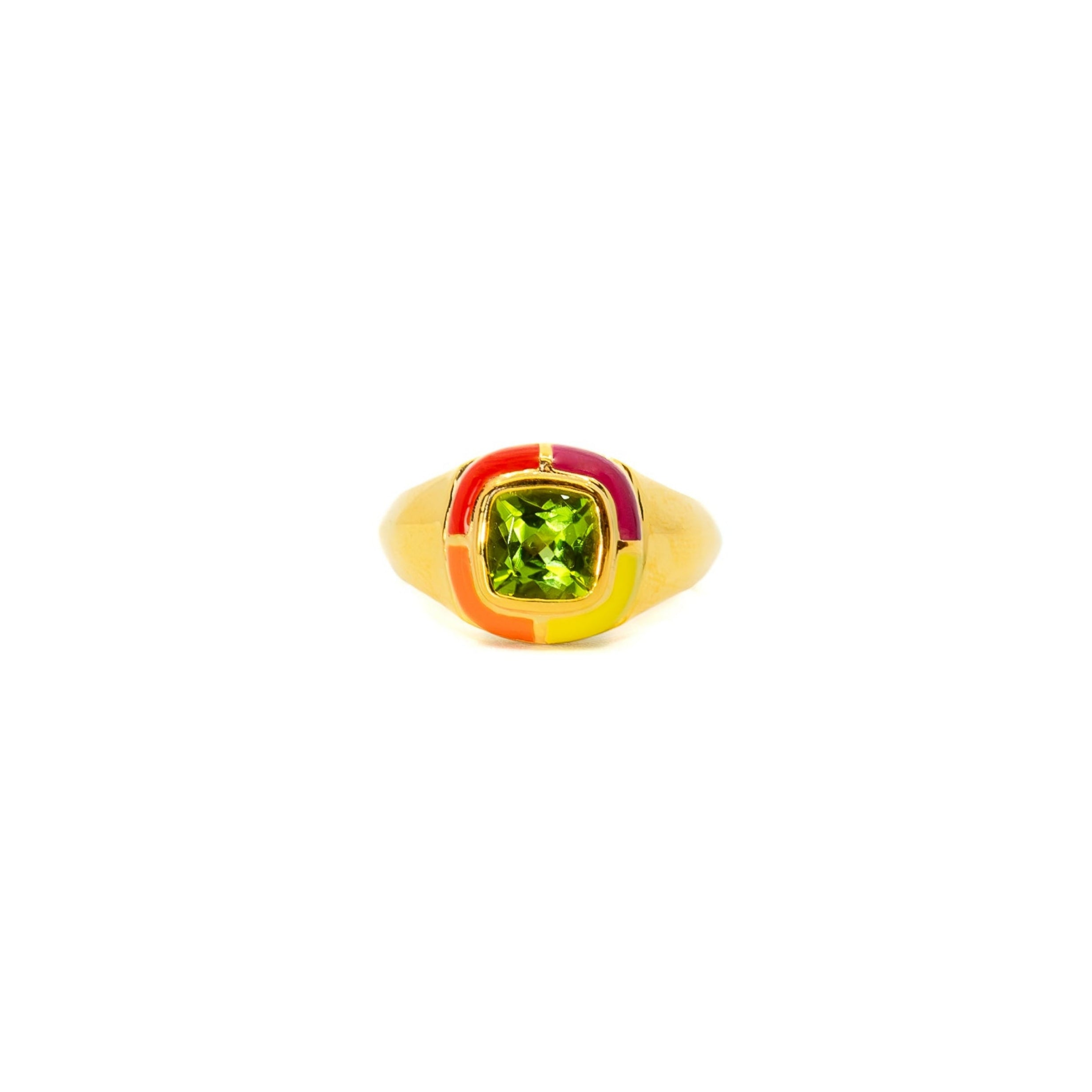 A 14K gold ring with a cushion-cut peridot gemstone and colorful enamel detailing.