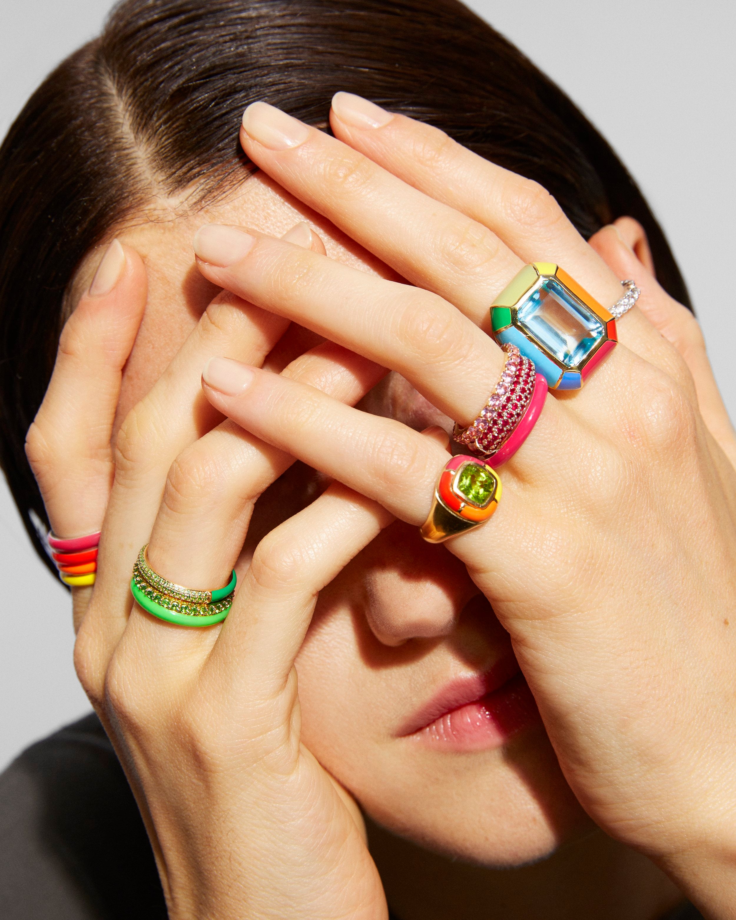 The Split Pave + Enamel Stacking Ring, 14K Gold