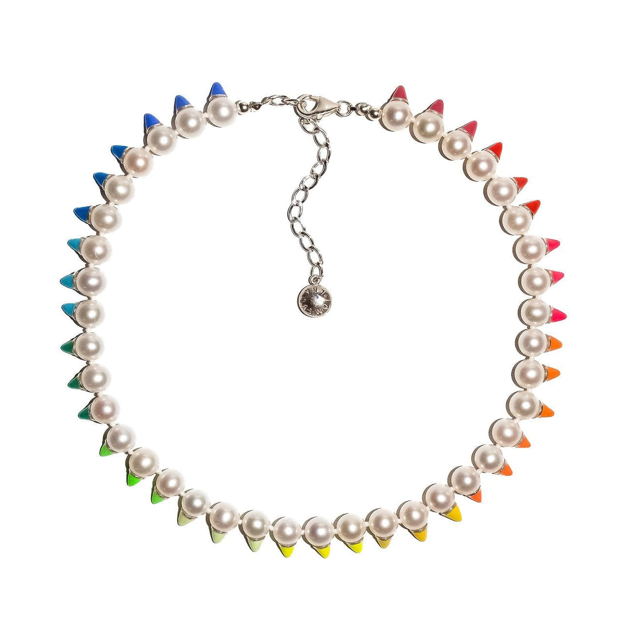 A silver-colored necklace with white freshwater pearls and multicolored enamel-coated studs, displayed against a white background.