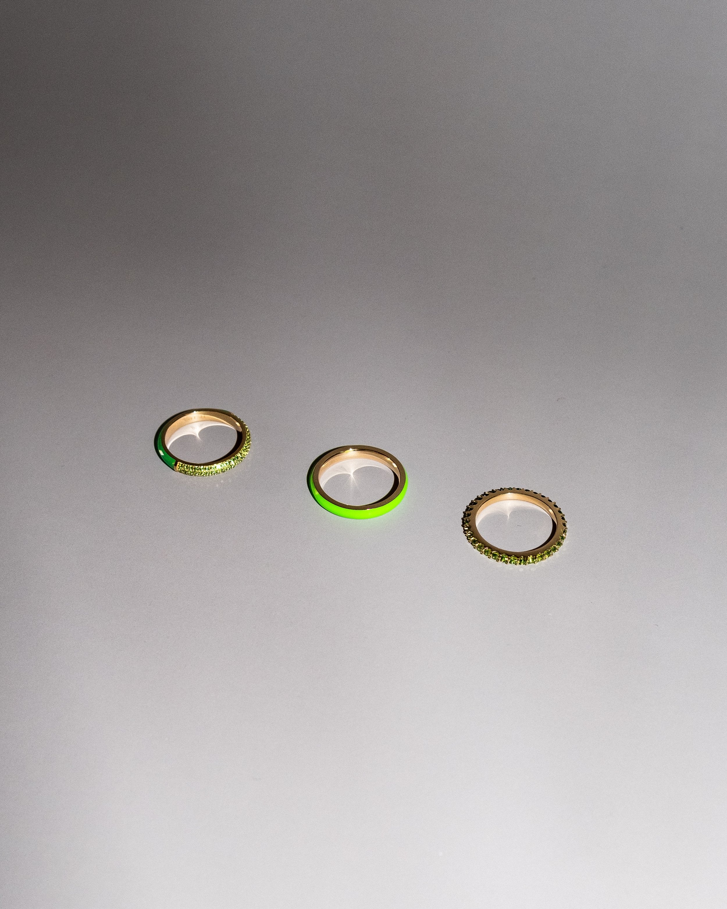 The Set of Three Pave + Enamel Stacking Rings, 14K Gold