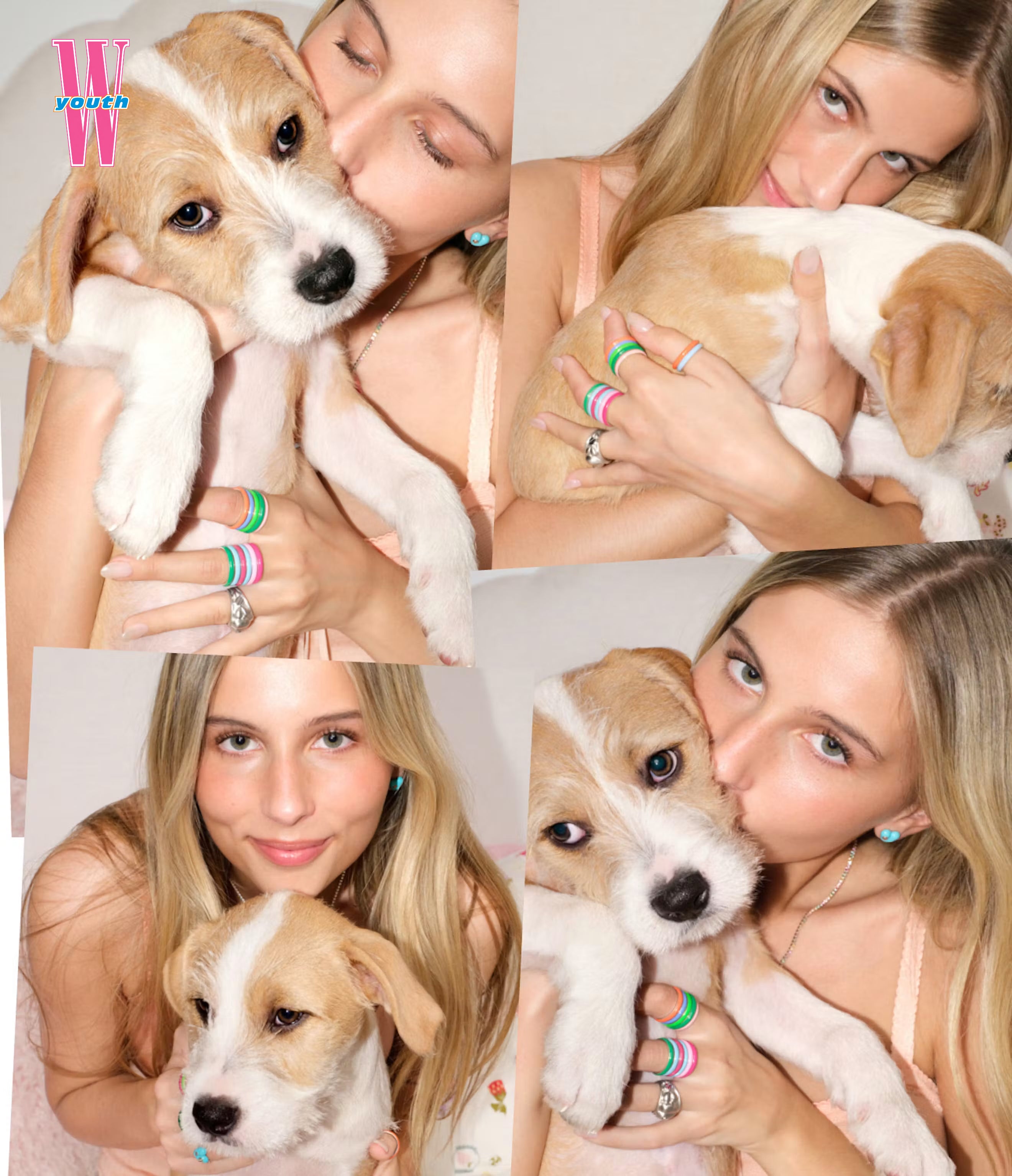 Romy Mars wearing colorful FRY POWERS enamel stacking rings while holding puppies for W YOUTH